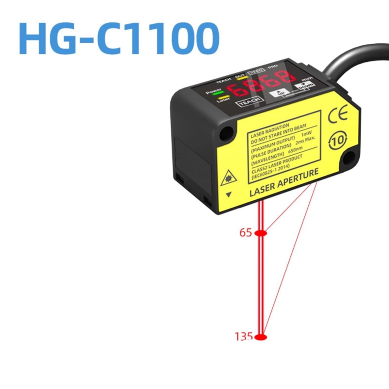 HG-C1100 Czujnik przesunięcia laserowego 100Mm Odległość środkowa ±35Mm Zakres pomiarowy 70Um Powtarzalność Ip67 12-24V Dc Npn Pnp Wyjście 0-5V 4-20Ma Sygnał analogowy
